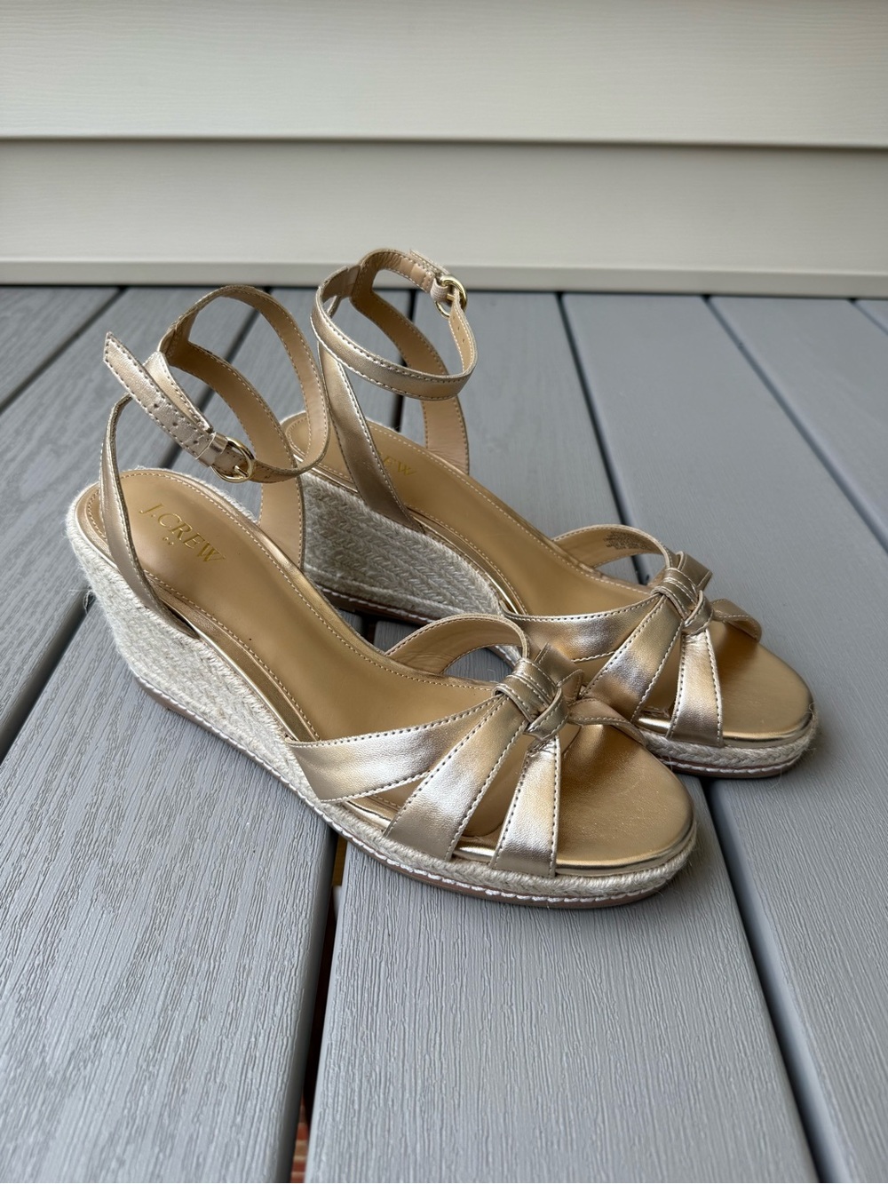 J.Crew Gold Metallic Espadrille Wedge Sandals Size 10.5 NWOT Ankle Strap Summer